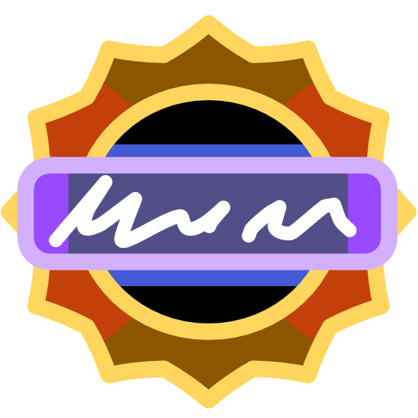 a gold starburst shape representing a badge with reddish accents has a purple rectangle running horizontally across the center. The center of the starburst is filled with black, and there is a blue shadow where the rectangle sits above it. Inside the rectangle there is a white scribble representing text.  The image has light line art. 
